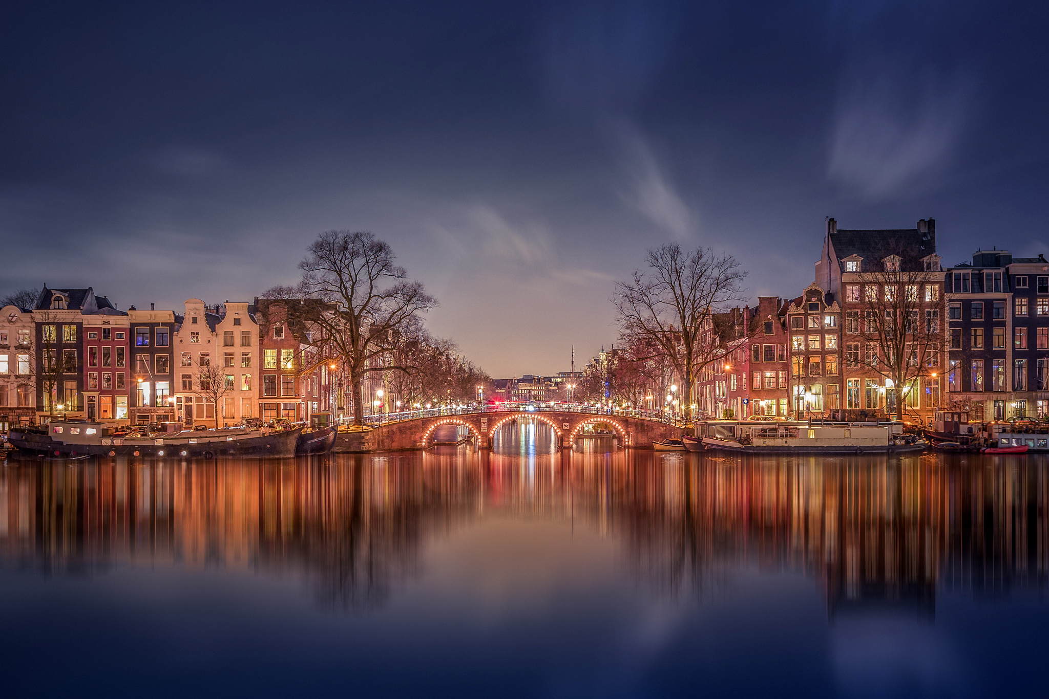 Огни, амстердам, канал, вечер, нидерланды, дома, города